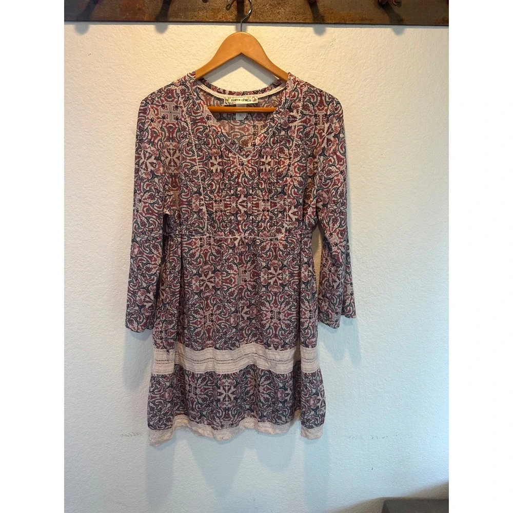 Mimi Chica Womens Boho Floral Lace Peasant V Neck Dress XL Red Navy Cream